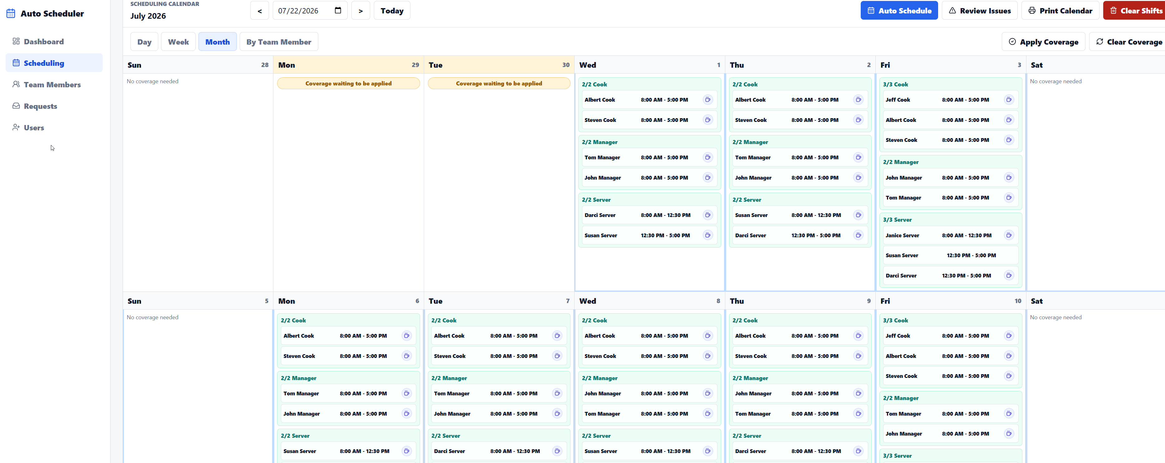 Peach scheduling calendar showing role coverage across July 2026.