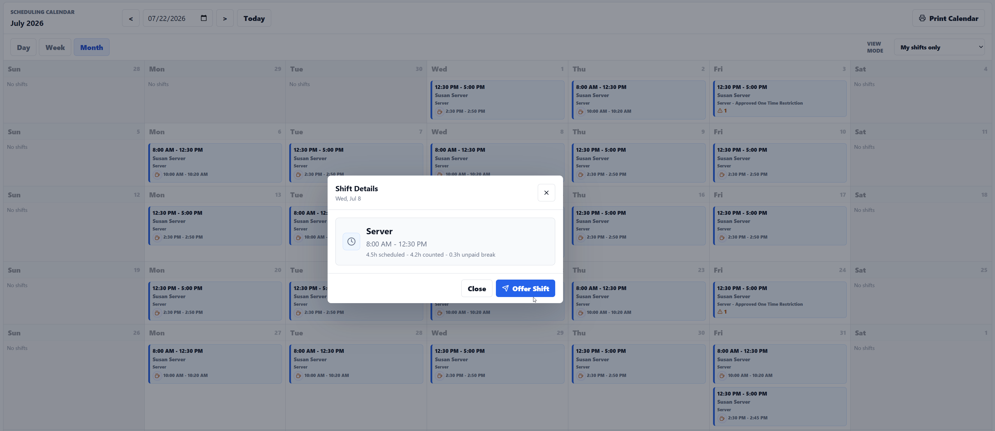 Peach shift details modal with an Offer Shift action from the staff calendar.